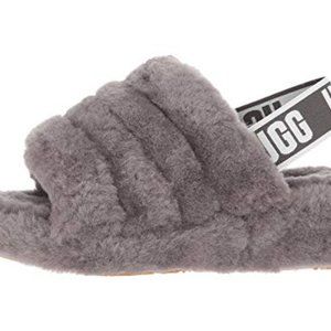 NIB UGG Fluff Yeah Sling Back Slide Slippers Charcoal Big Kid 5 &6 (Women 6-8)